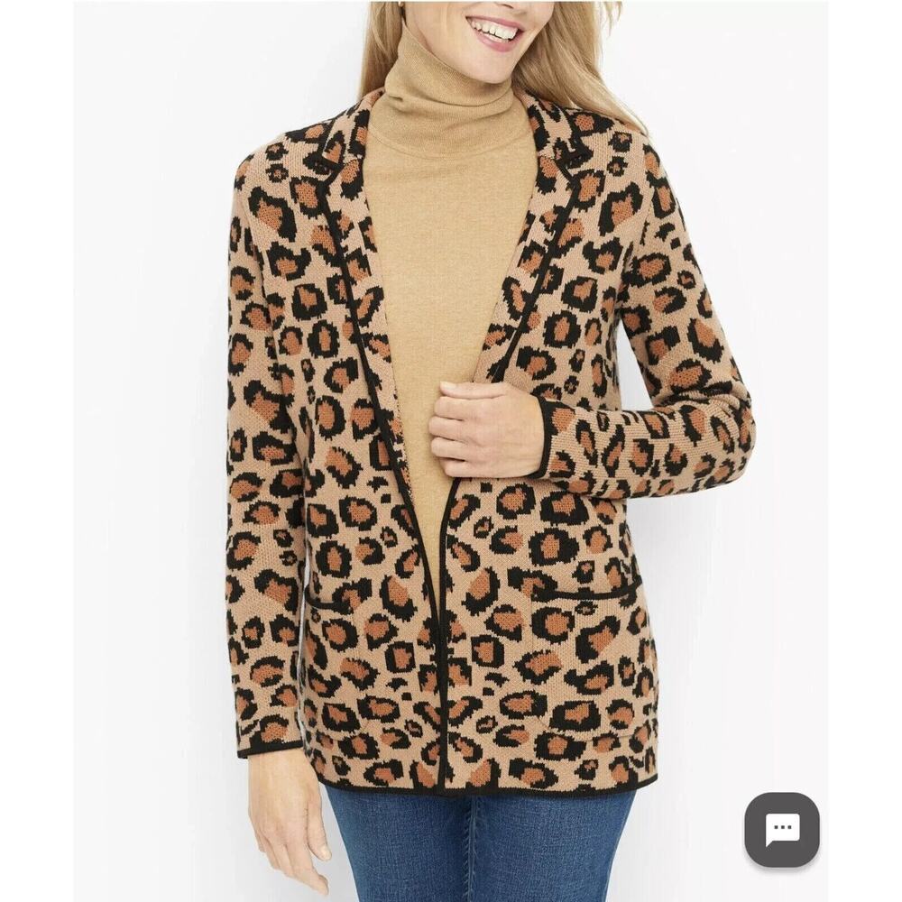 Talbots Wool Blend Blazer SMALL S Open Cardigan Sweater Leopard Print NEW $179